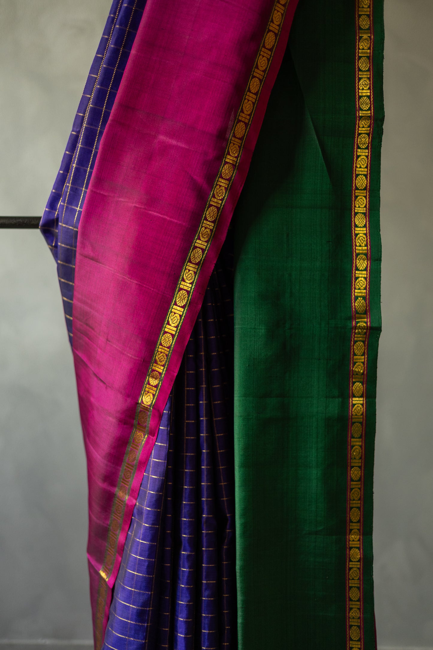 Violet Checks Kanjivaram Silk with Dark Pink Pallu