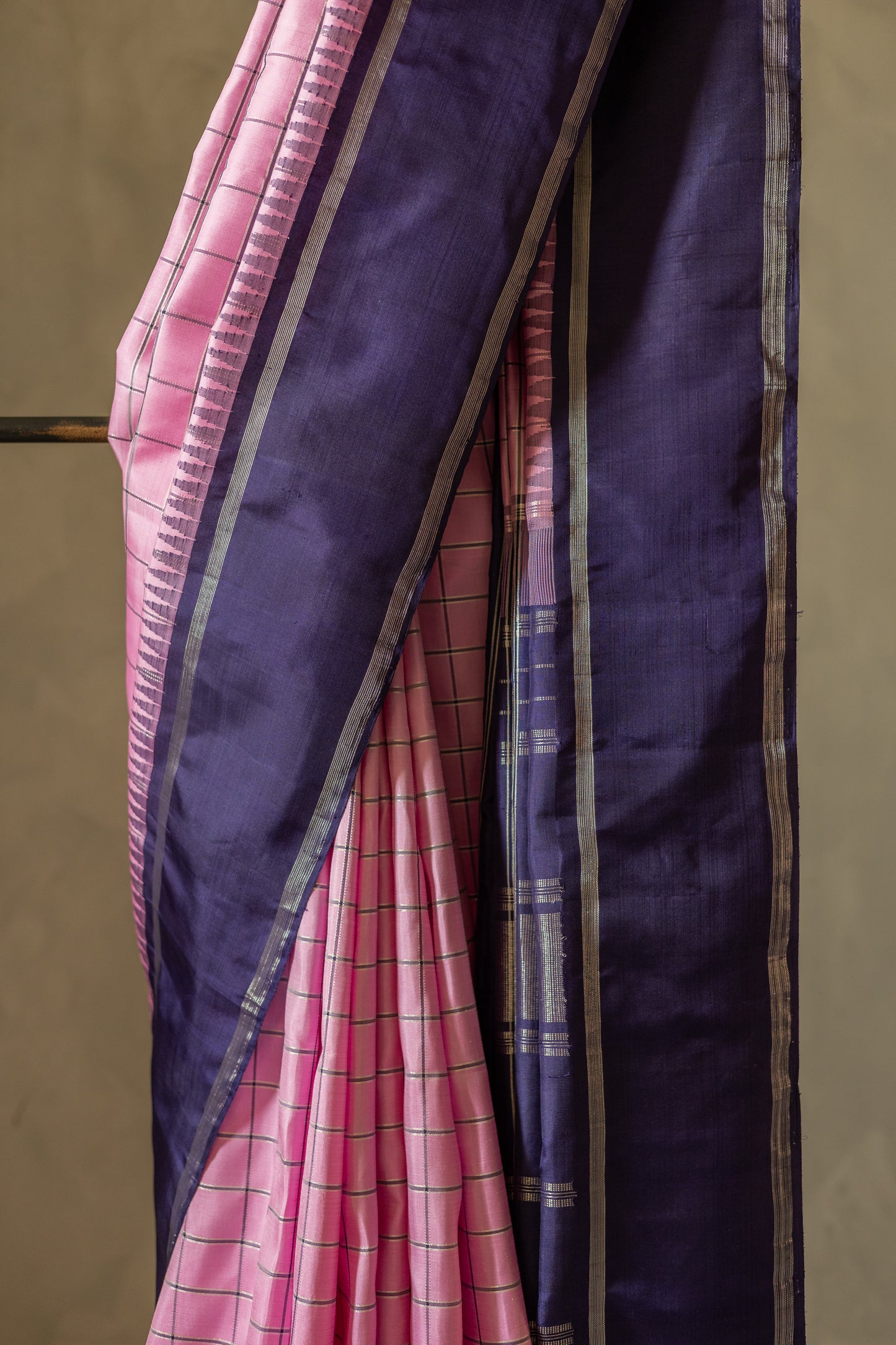 Pink All Over Checks with Royal Blue Border Kanjivaram Silk Saree