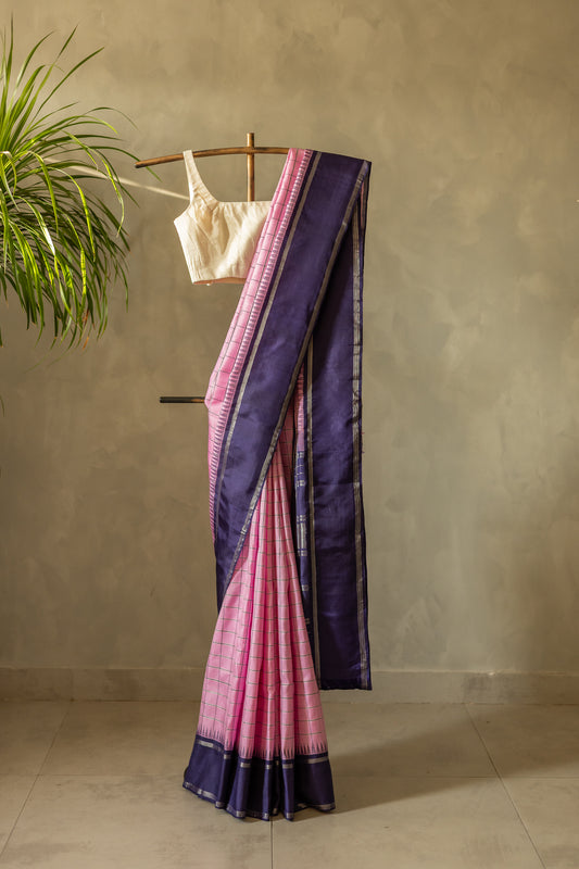 Pink All Over Checks with Royal Blue Border Kanjivaram Silk Saree