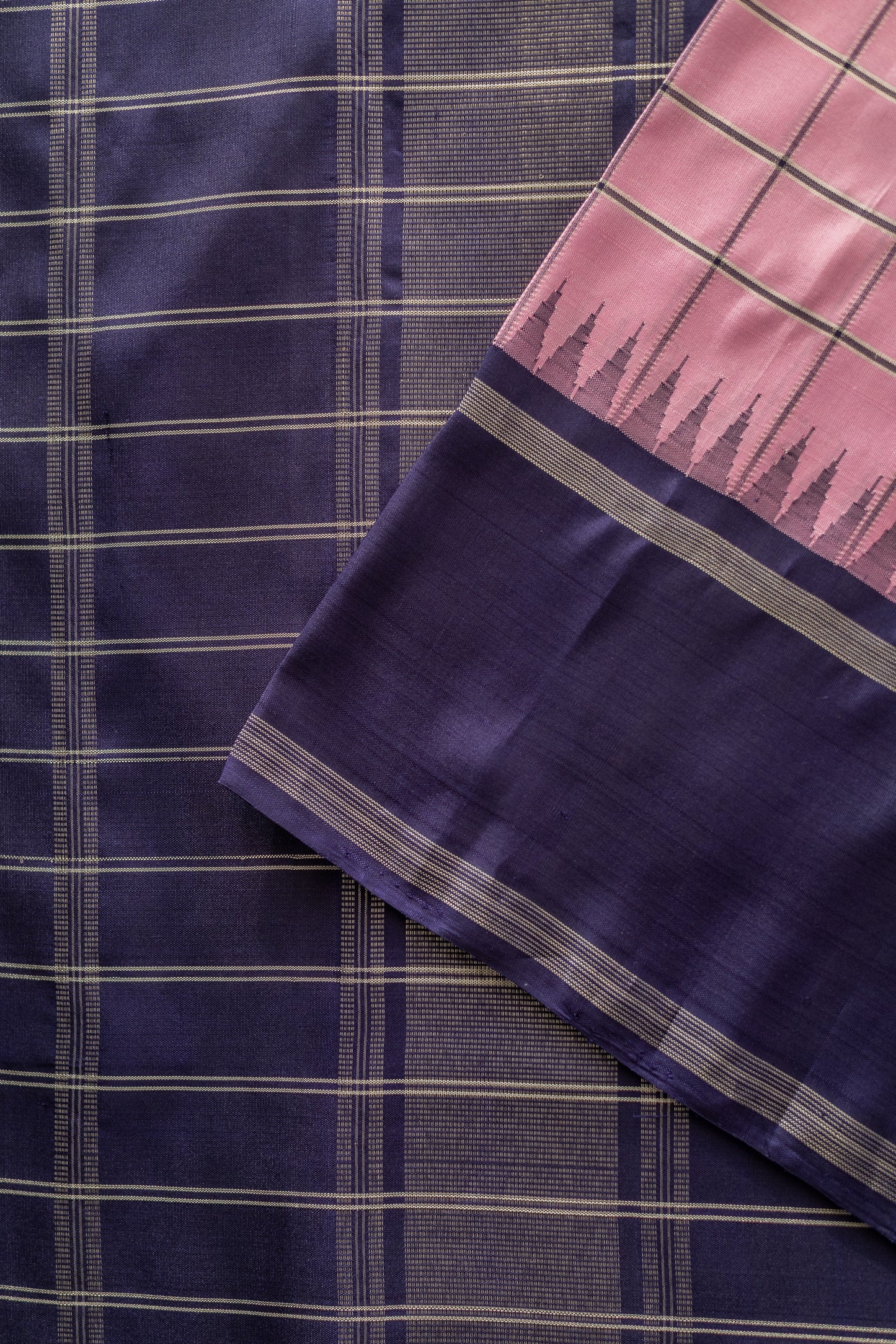 Pink All Over Checks with Royal Blue Border Kanjivaram Silk Saree
