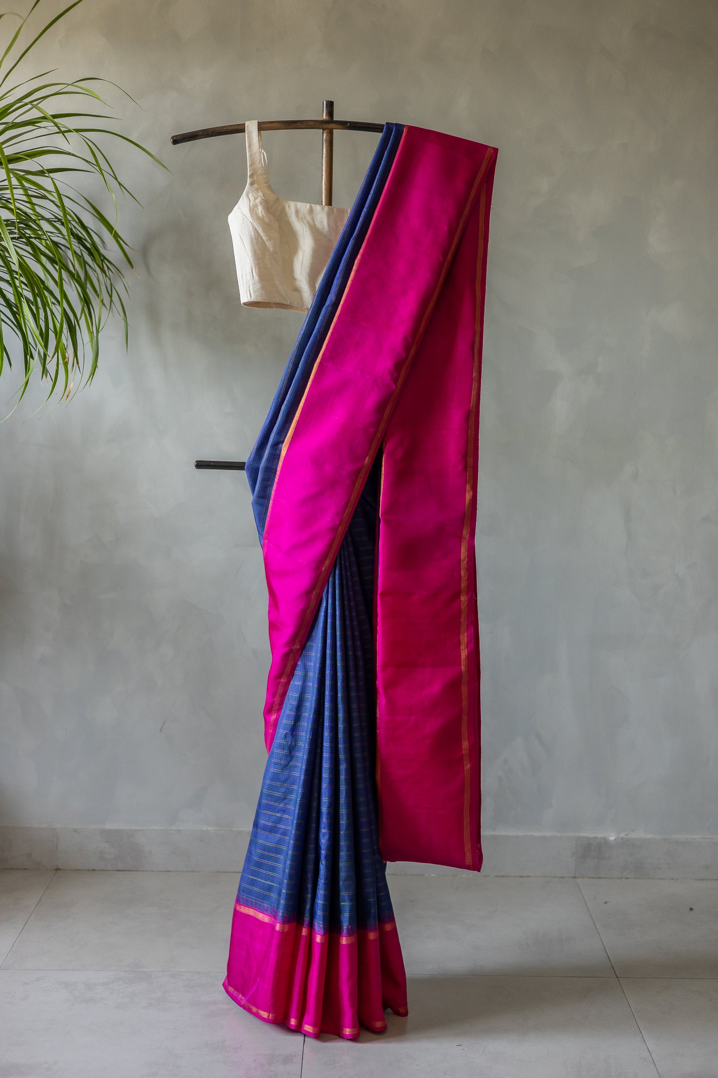 Blue All Over Small Checks with Pink Border Kanjivaram Silk Saree