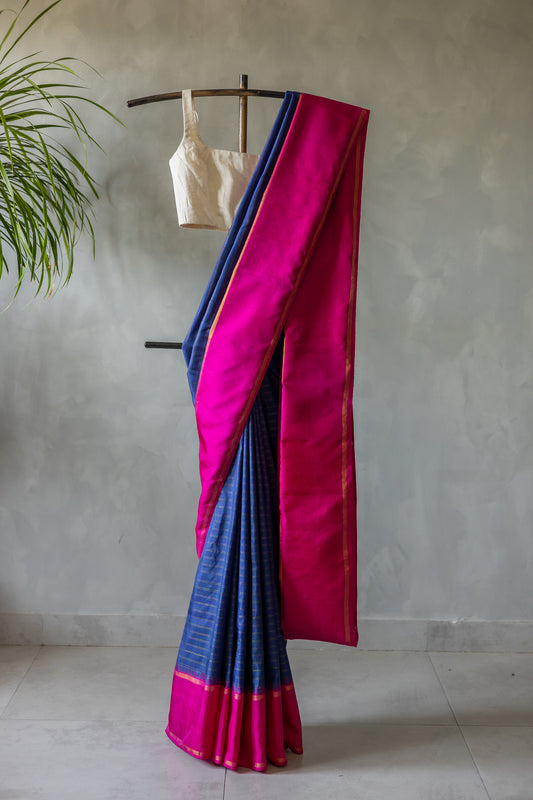 Blue All Over Small Checks with Pink Border Kanjivaram Silk Saree