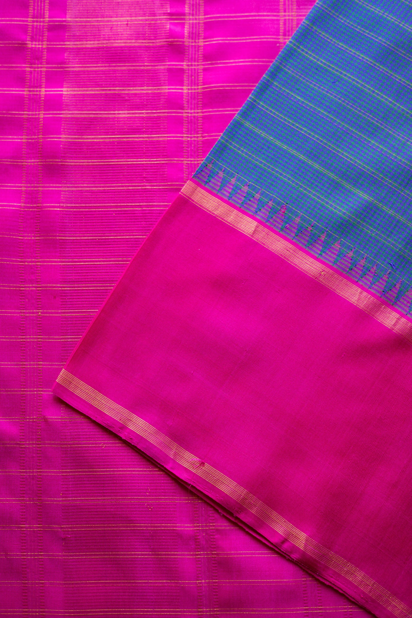 Blue All Over Small Checks with Pink Border Kanjivaram Silk Saree