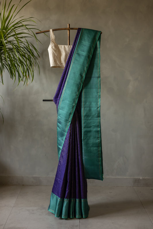 Dark Blue with All Over Silver and Gold Dots with Peacock Blue Border Kanjivaram Silk Saree