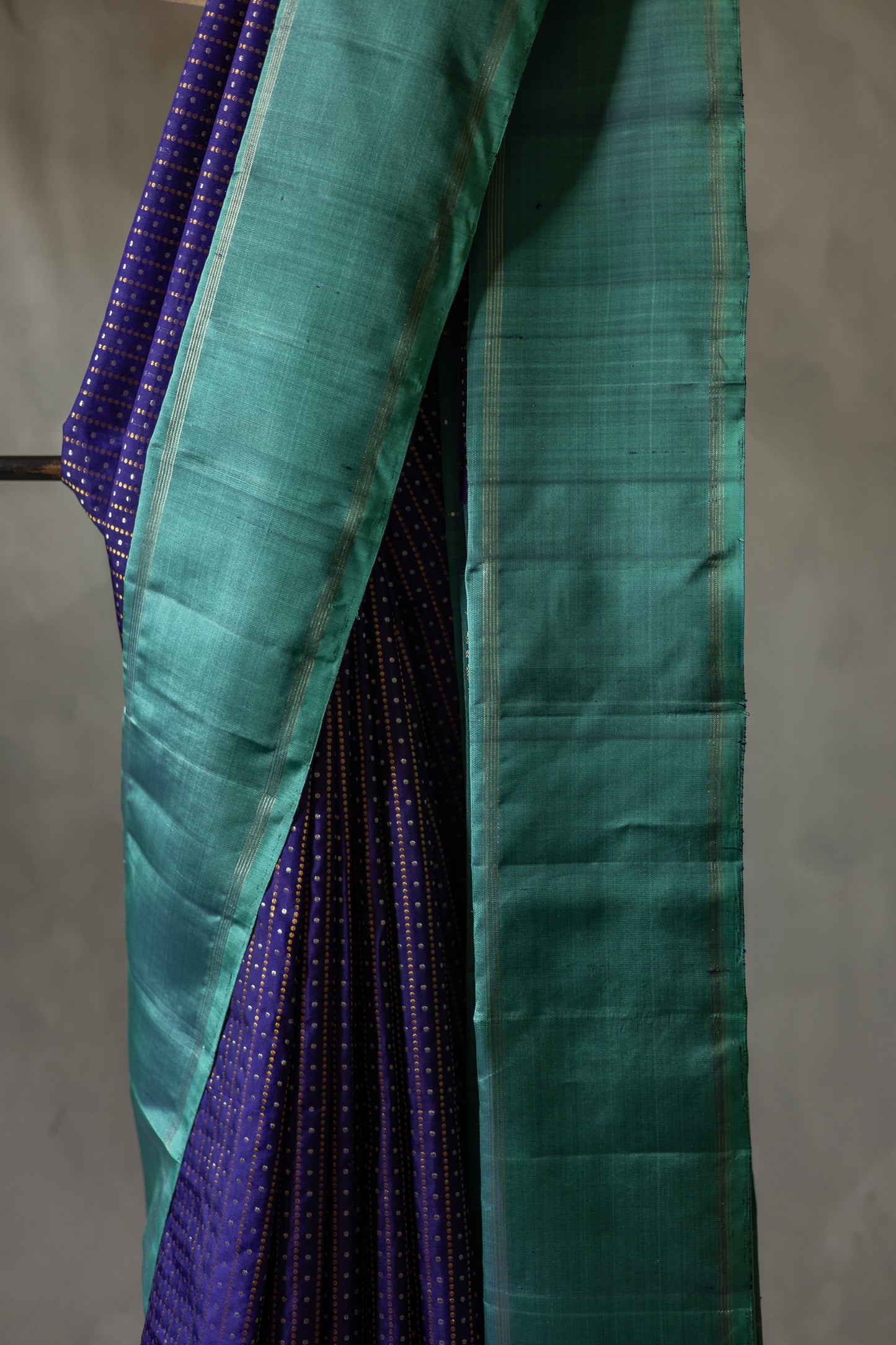 Dark Blue with All Over Silver and Gold Dots with Peacock Blue Border Kanjivaram Silk Saree