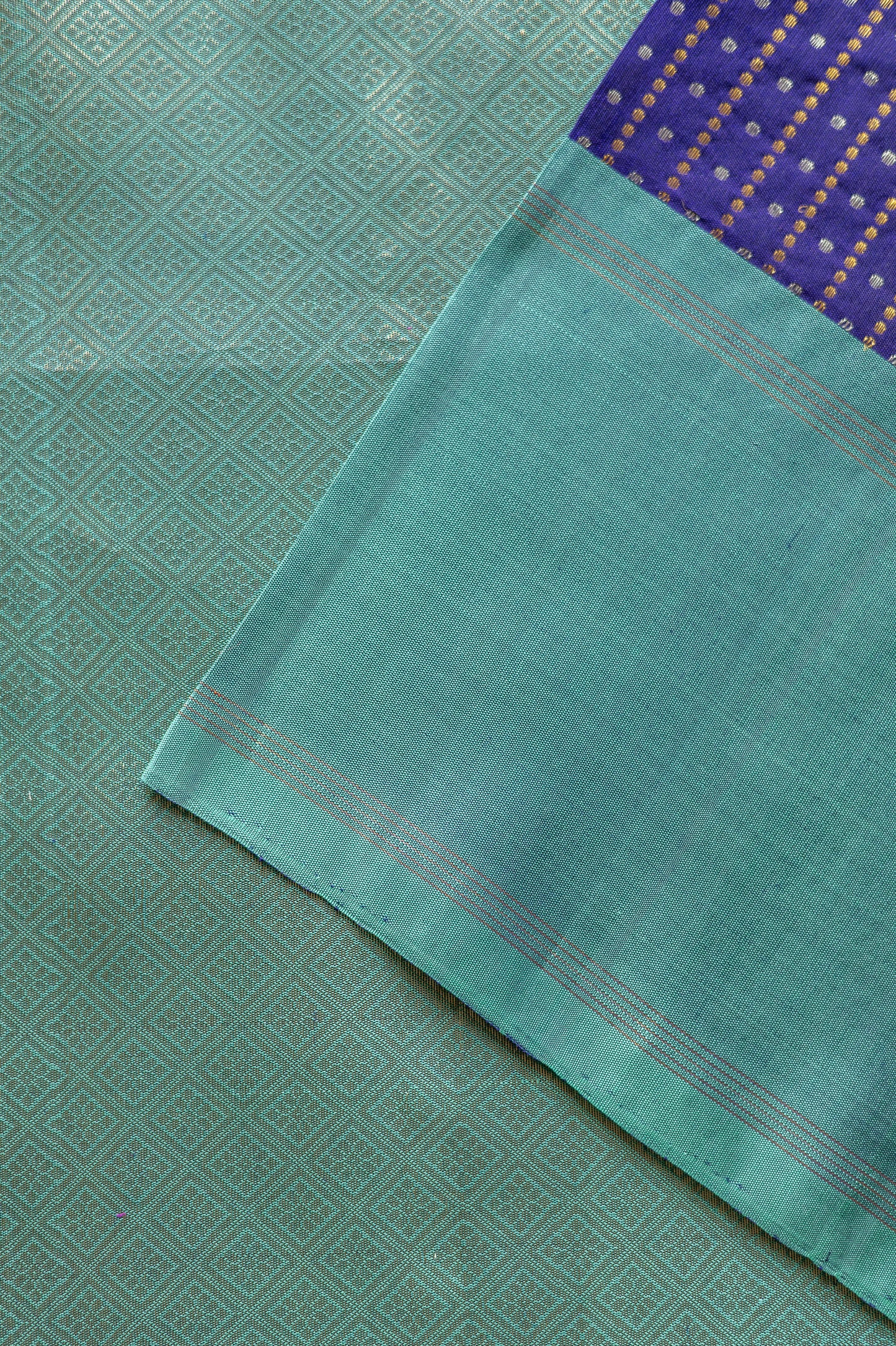 Dark Blue with All Over Silver and Gold Dots with Peacock Blue Border Kanjivaram Silk Saree