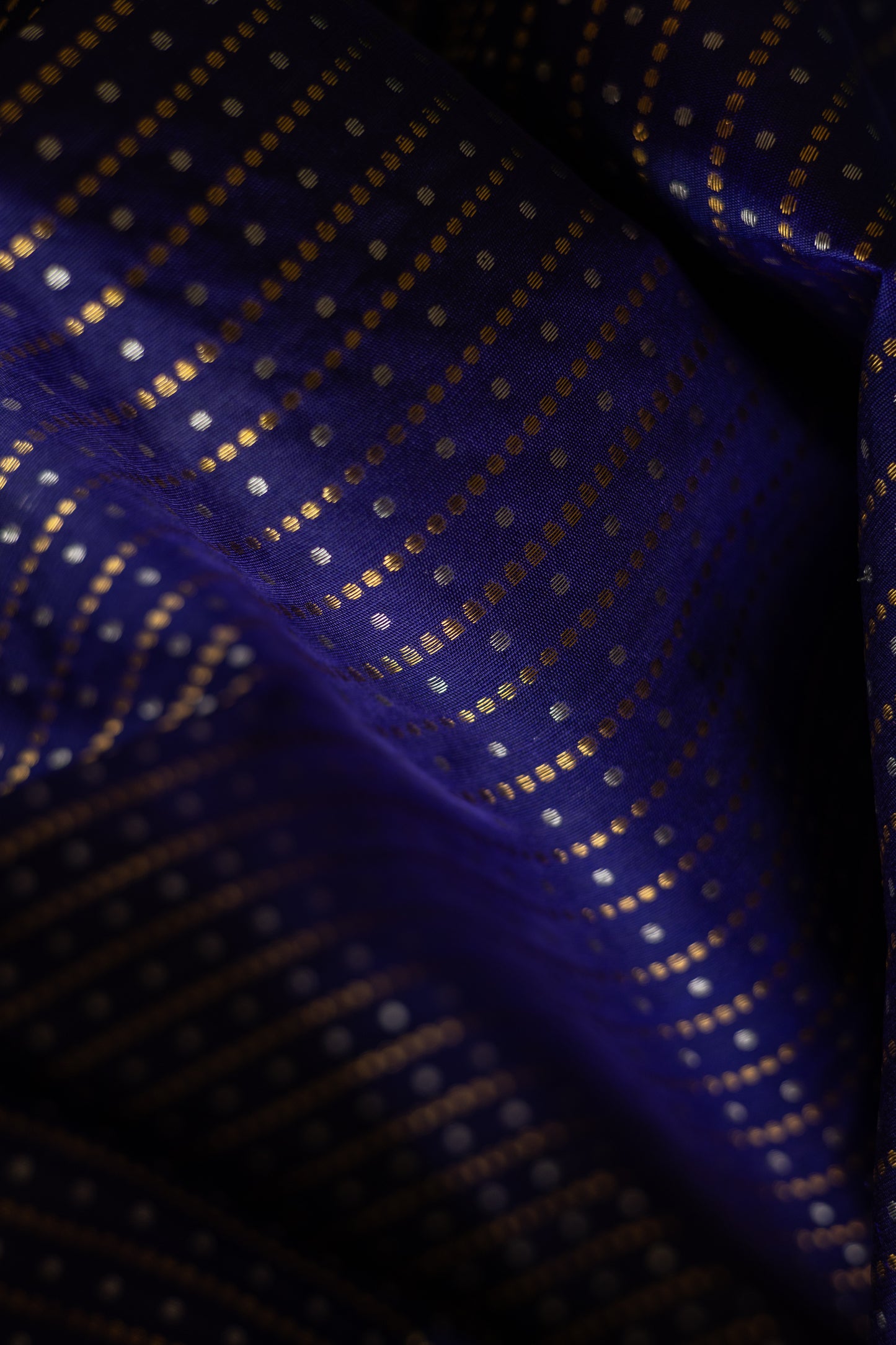 Dark Blue with All Over Silver and Gold Dots with Peacock Blue Border Kanjivaram Silk Saree
