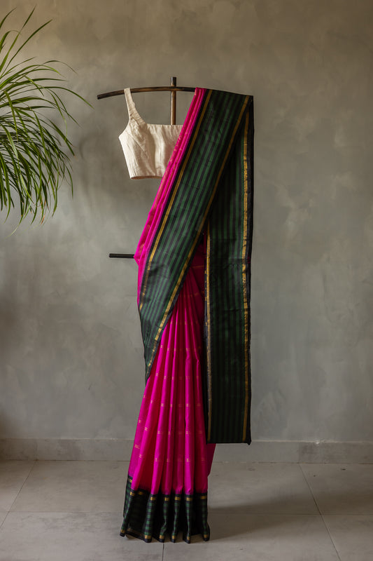 Pink with Green and Black Border with Malli Moggu Motif Kanjivaram Silk Saree
