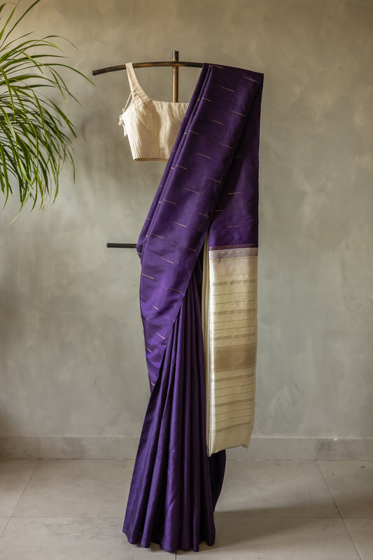 Purple with Malli Moggu Motif and Off-White Pallu Kanjivaram Silk Saree