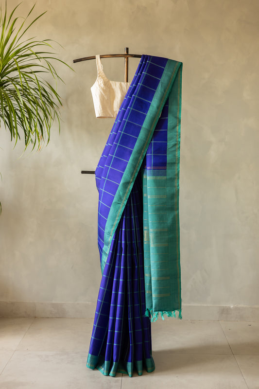 Blue All Over Checks with Green Border Kanjivaram Silk Saree