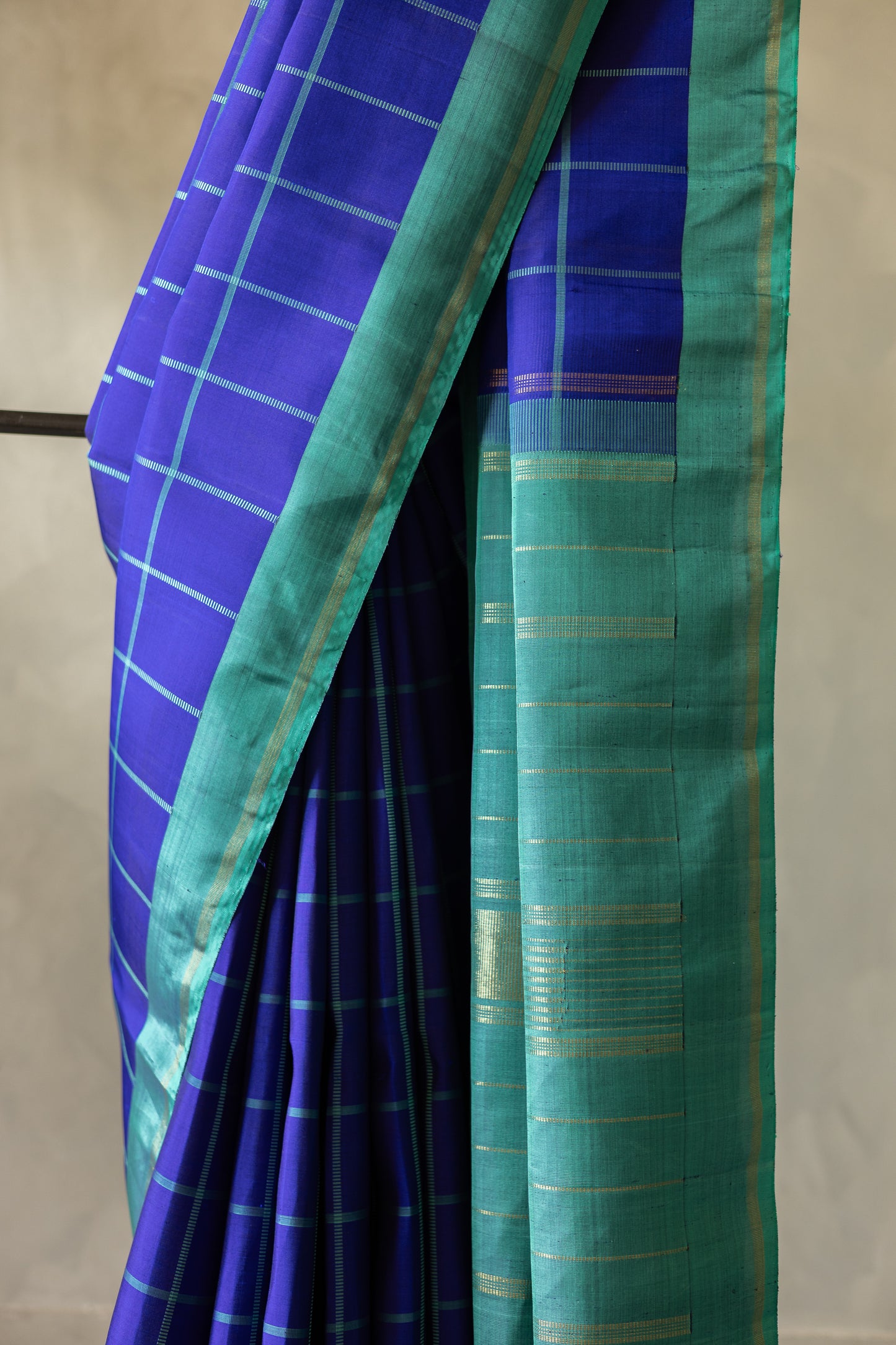 Blue All Over Checks with Green Border Kanjivaram Silk Saree
