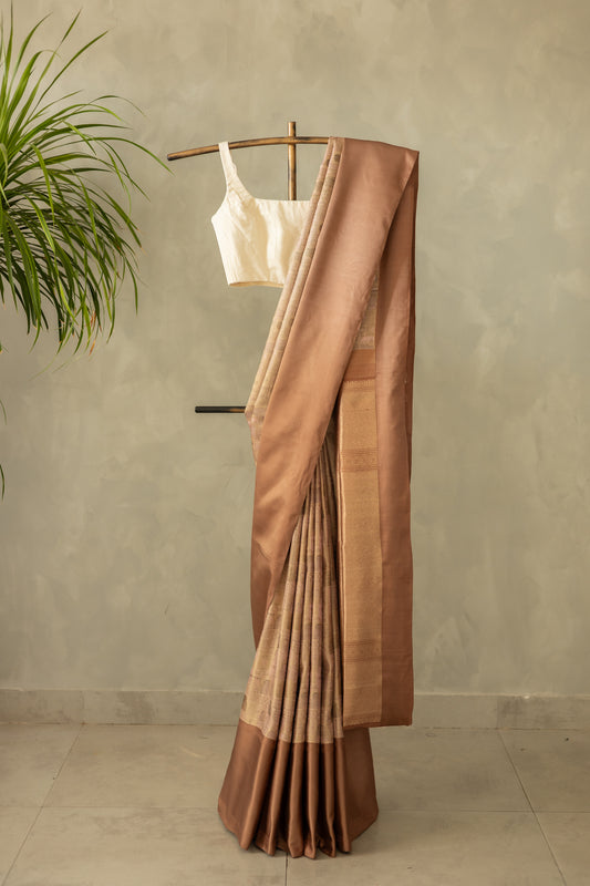 Taupe Mughal Inspired Twill Weave with Intricately Woven Thread Border Kanjivaram Silk Saree