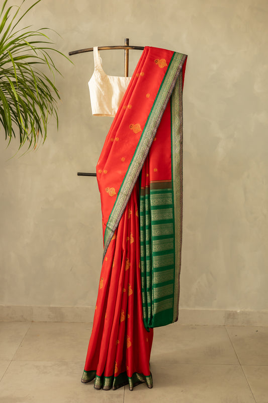 Red with Green Border Banaras-inspired motifs Kanjivaram Silk Saree