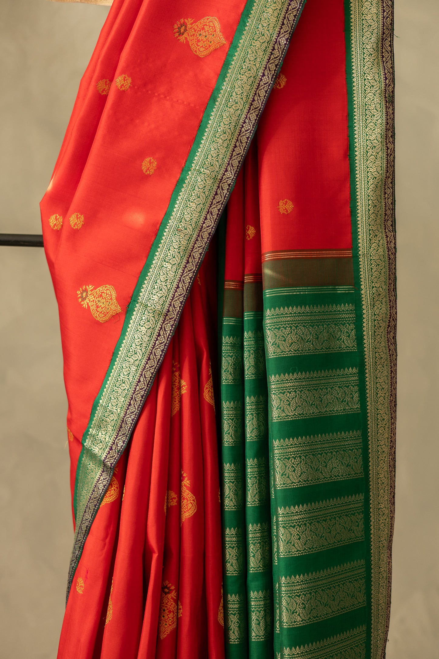 Red with Green Border Banaras-inspired motifs Kanjivaram Silk Saree