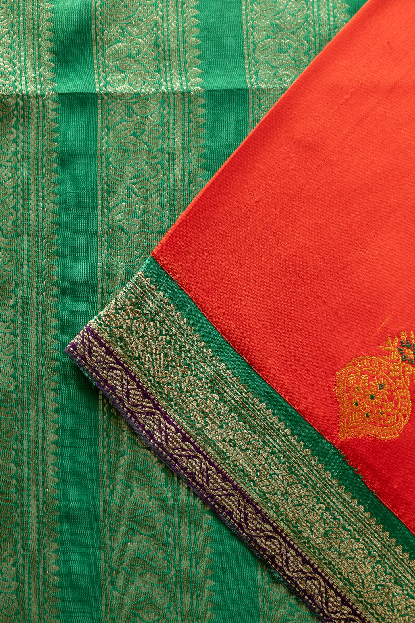 Red with Green Border Banaras-inspired motifs Kanjivaram Silk Saree
