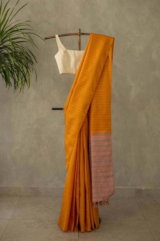 Yellow Body with All Over Silver Stripes with Pink and Silver Striped Pallu Kanjivaram Silk Saree