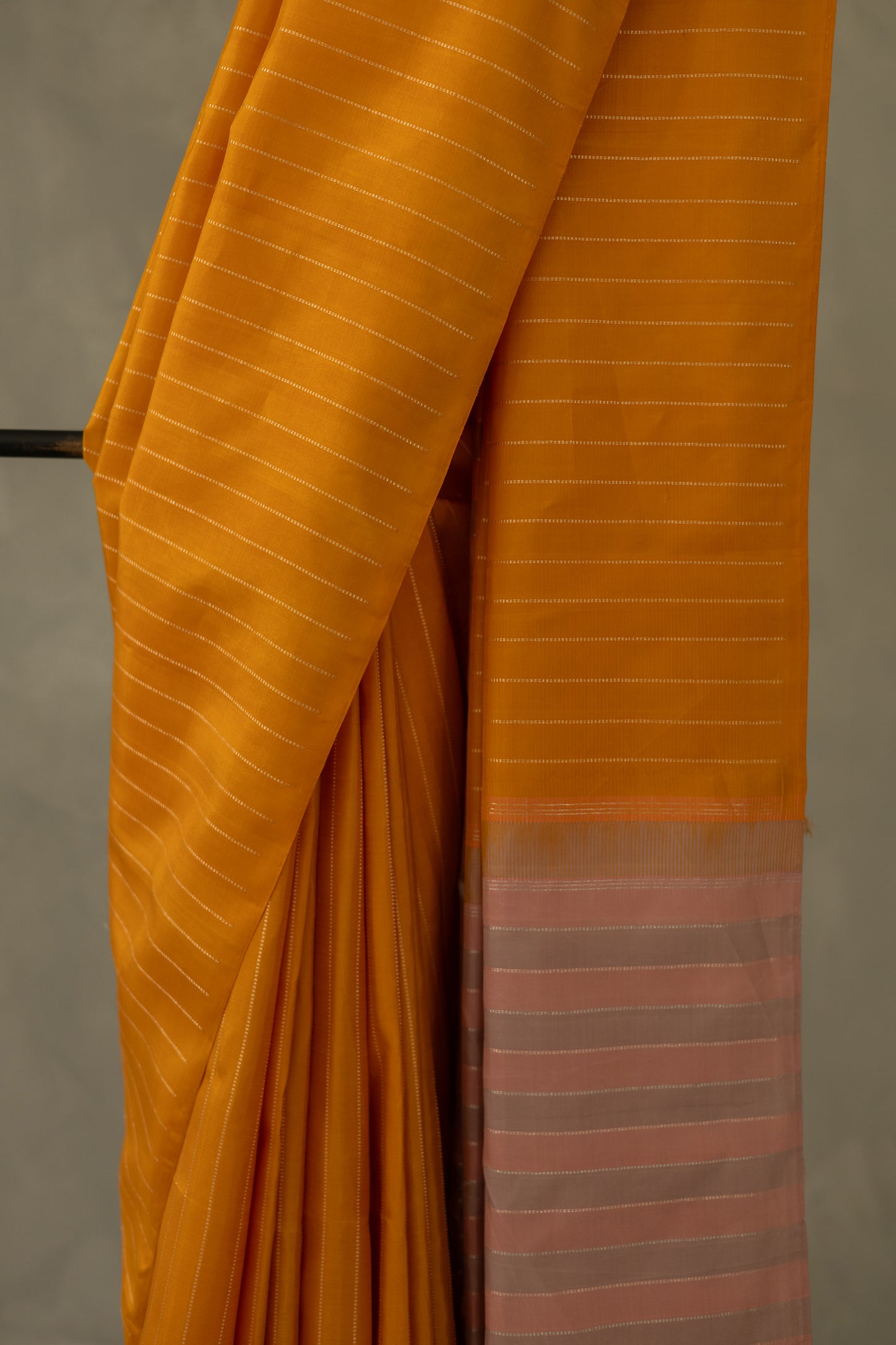 Yellow Body with All Over Silver Stripes with Pink and Silver Striped Pallu Kanjivaram Silk Saree