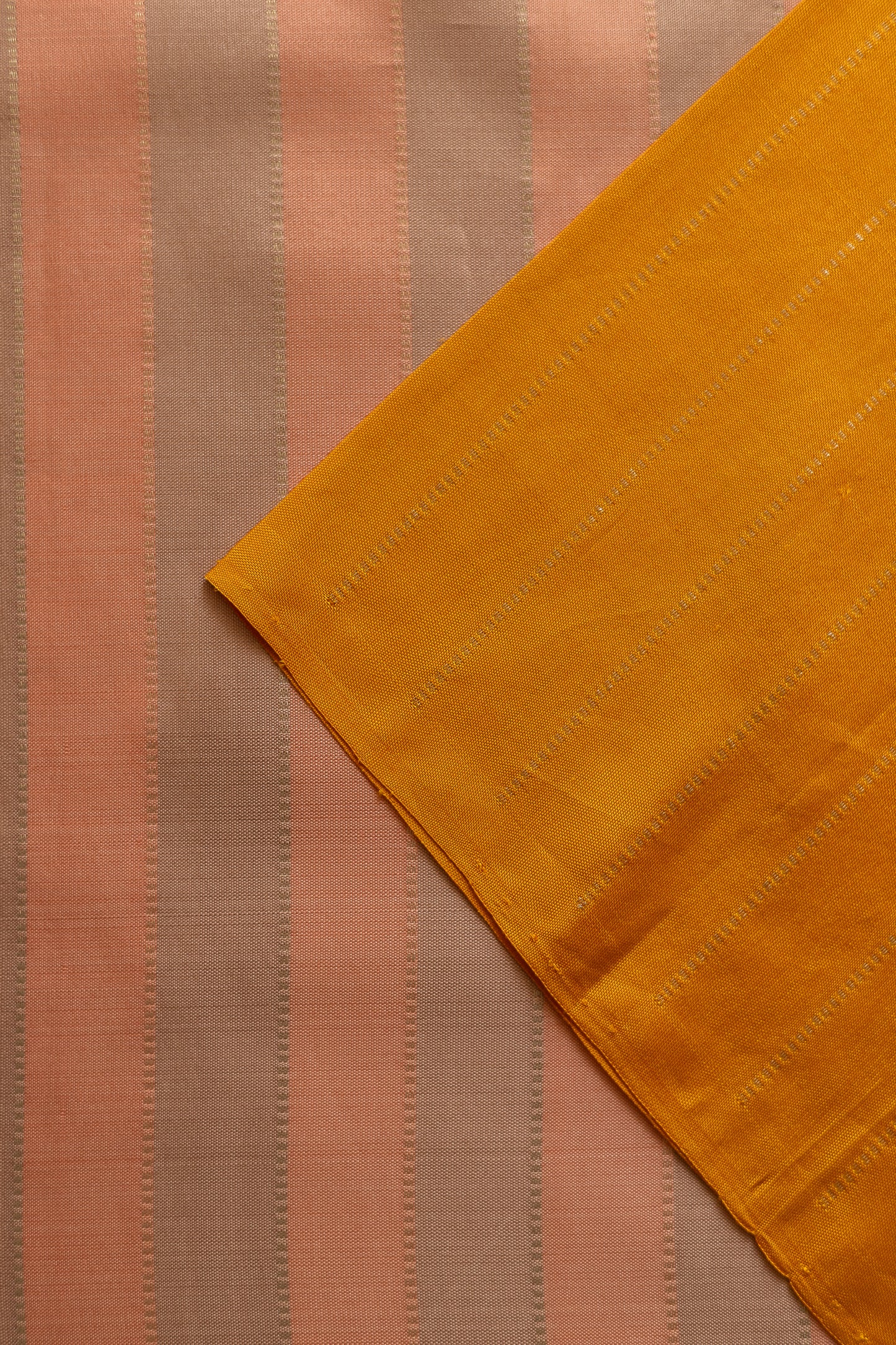 Yellow Body with All Over Silver Stripes with Pink and Silver Striped Pallu Kanjivaram Silk Saree