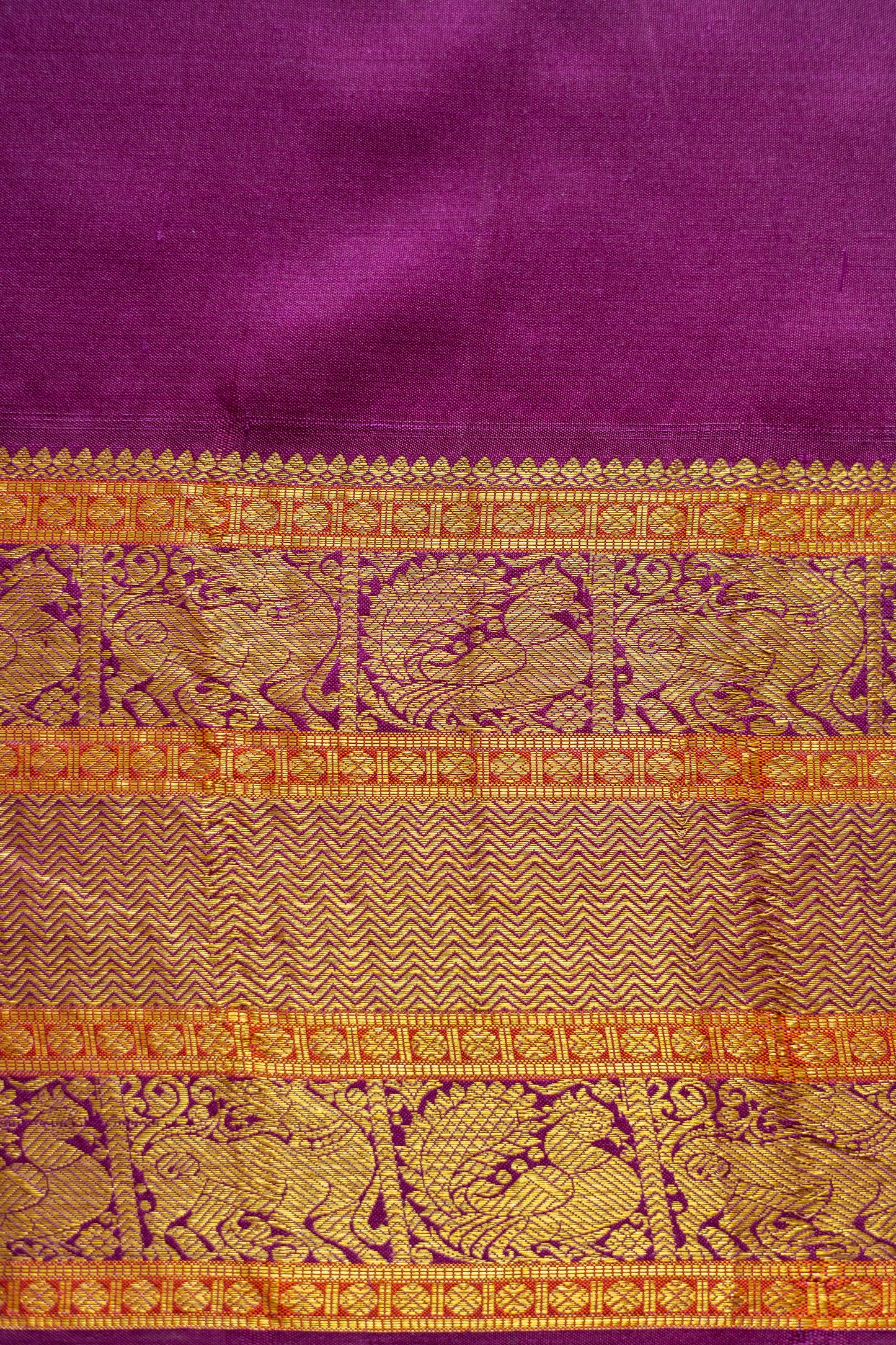 Yellow with Purple Yazhi and Peacock Motif Border Kanjivaram Silk Saree