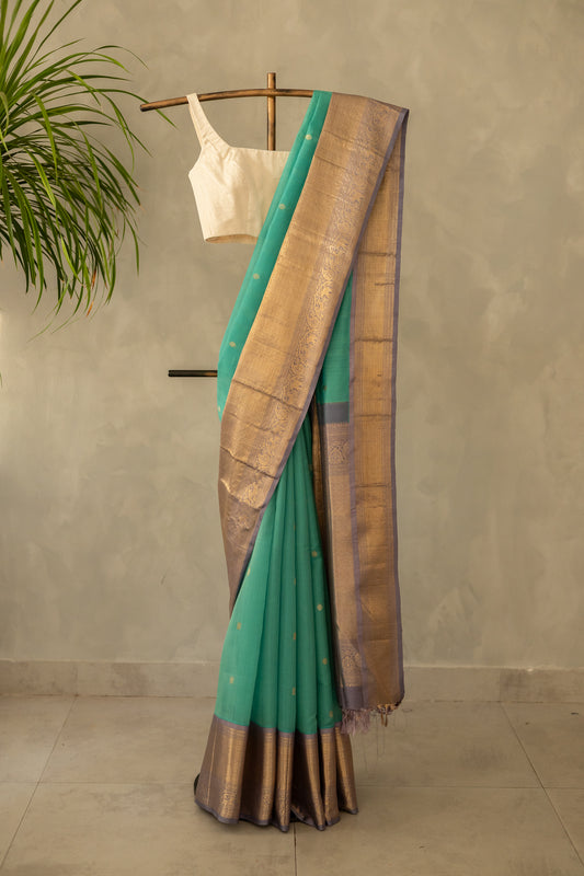 Teal with Grey and Gold Border with Small Round Motif Kanjivaram Linen by Silk Saree