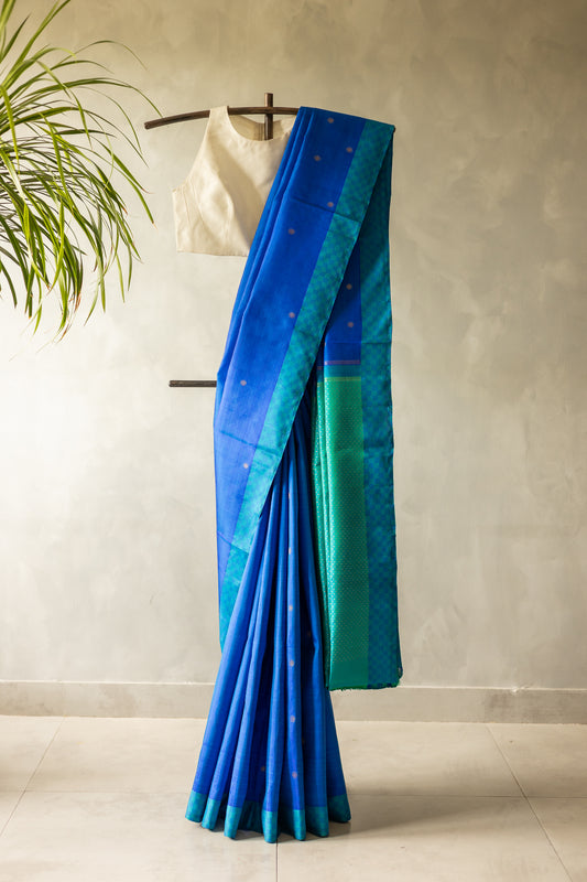 Peacock Blue Kanjivaram Silk with Turquoise Green Pallu Saree