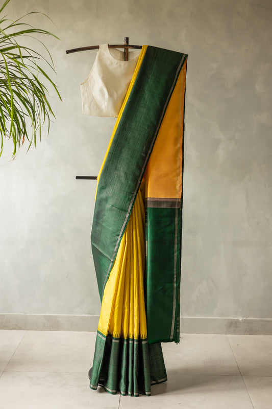 Mustard Yellow Kanjivaram Silk with Dark Green Pallu Saree