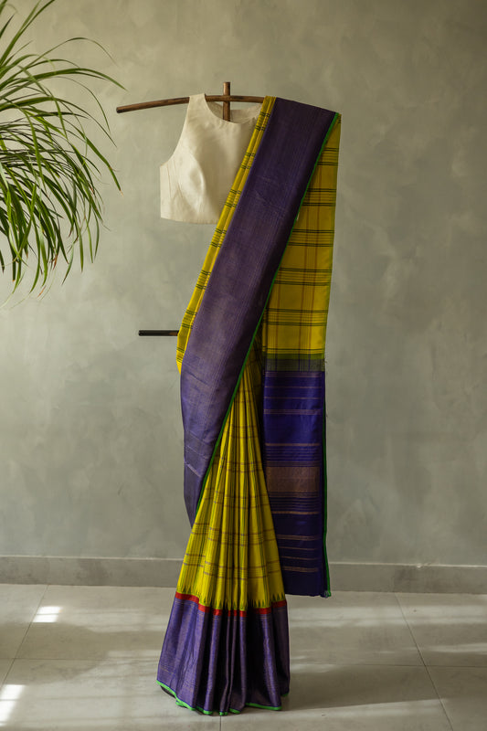 Lemon Green Big Checks Kanjivaram Silk with Purple Pallu Saree
