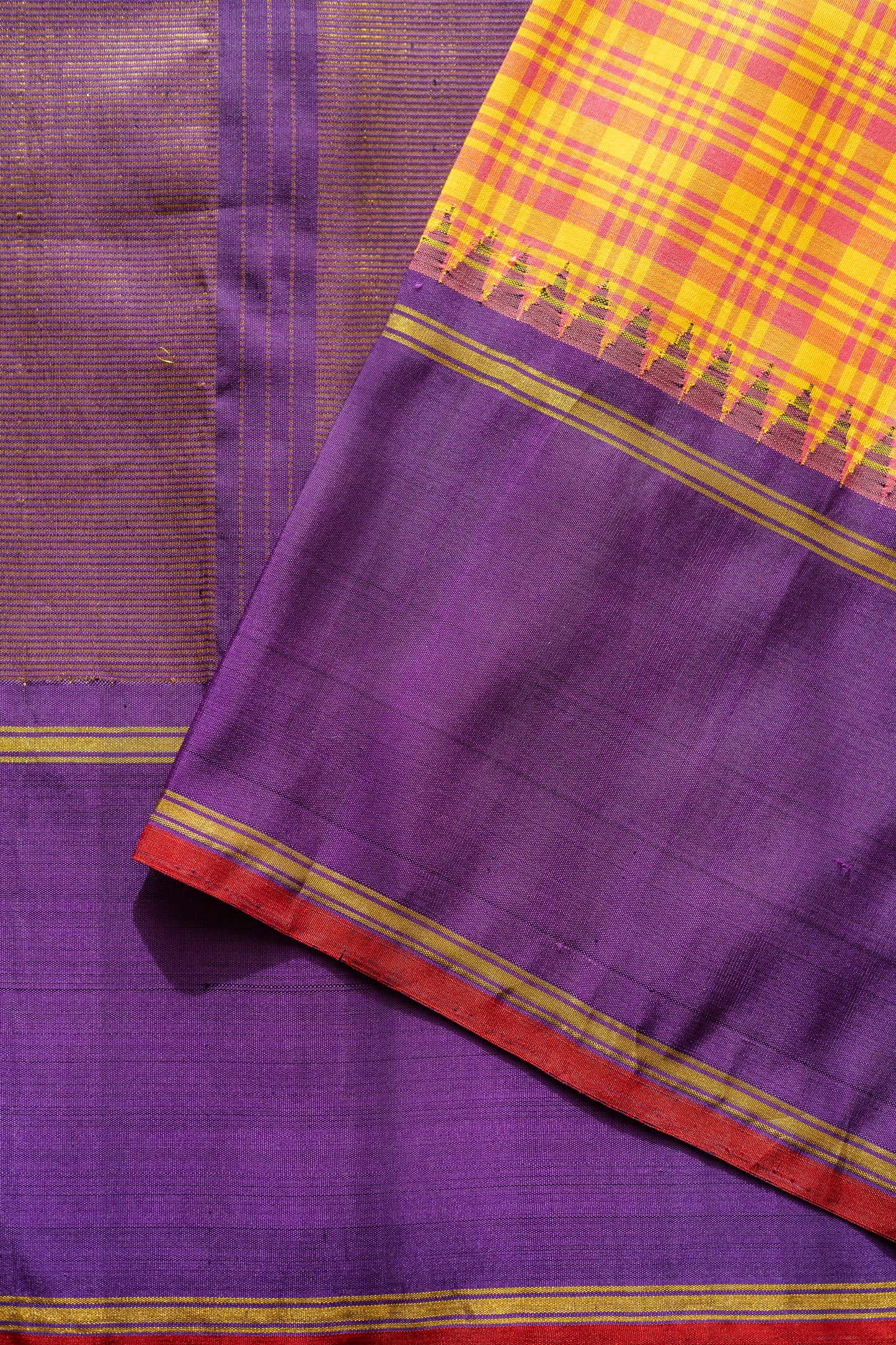 Orange with Pink Checks Kanjivaram Silk Accented by a Purple Pallu Saree