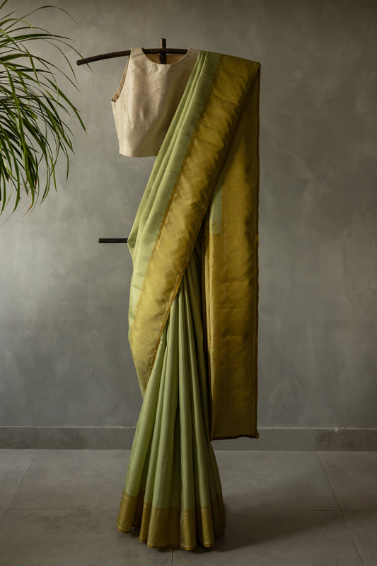Light Green with Light Gold Border with Malli Moggu Motif Kanjivaram Silk Saree