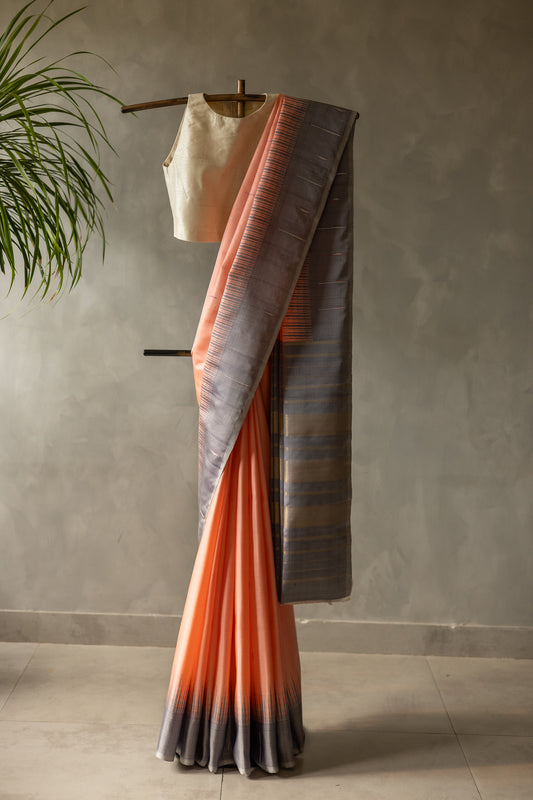 Light Peach with Grey Temple Border with Malli Moggu Kanjivaram Silk Saree