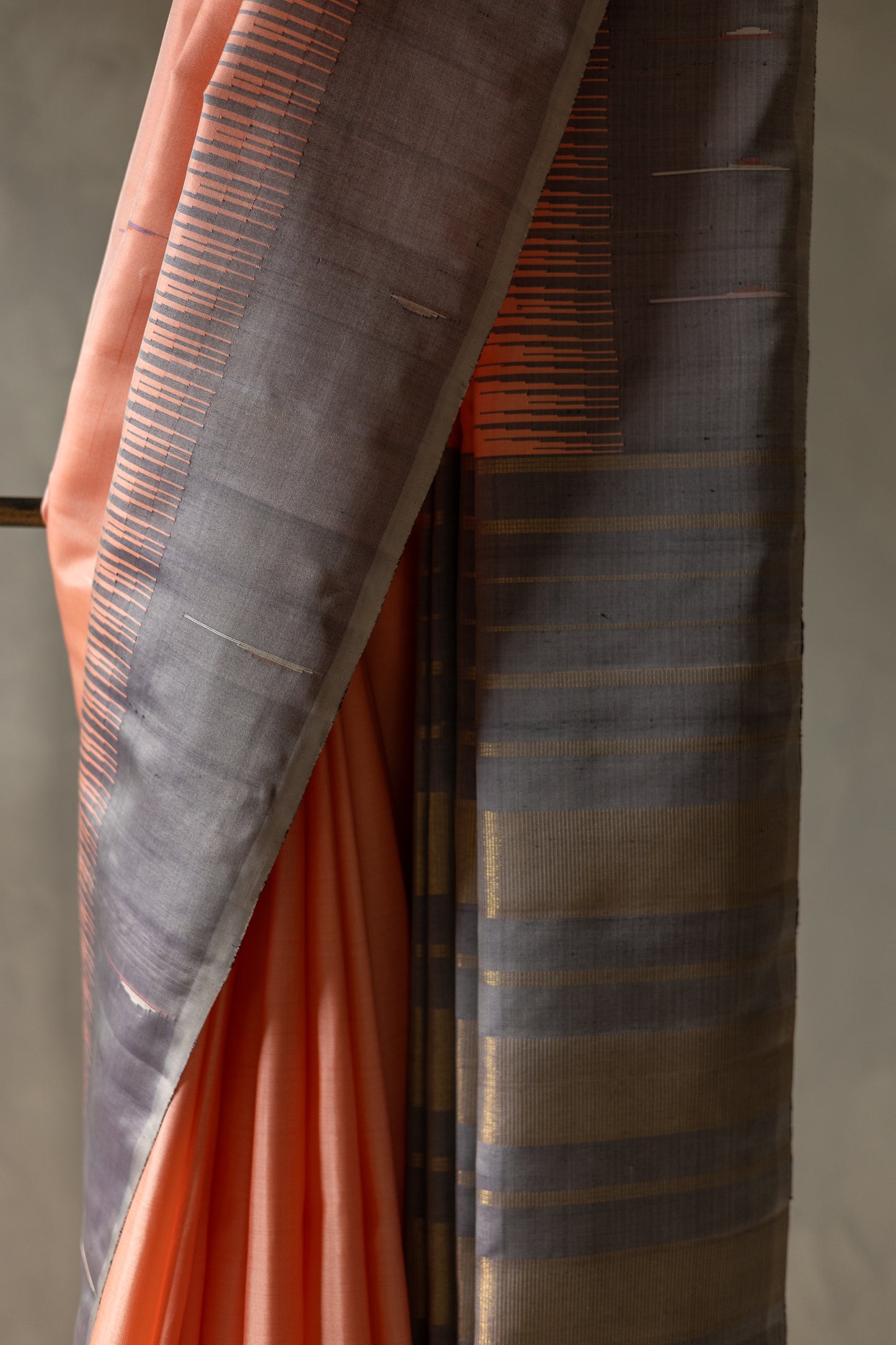 Light Peach with Grey Temple Border with Malli Moggu Kanjivaram Silk Saree