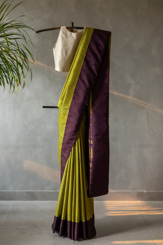 Green and Yellow All Over Small Checks with Purple Border and Pallu Kanjivaram Silk Saree