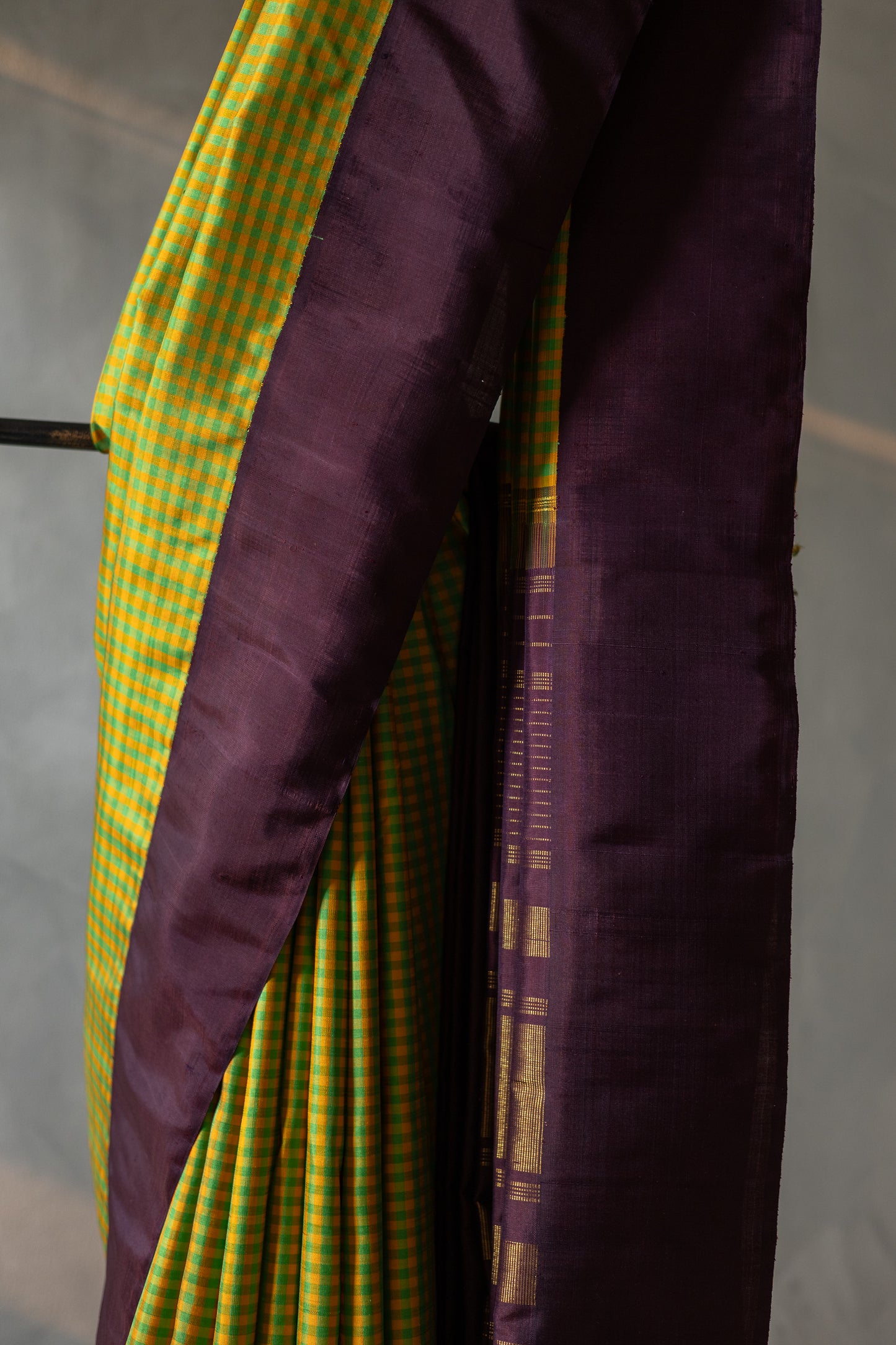 Green and Yellow All Over Small Checks with Purple Border and Pallu Kanjivaram Silk Saree