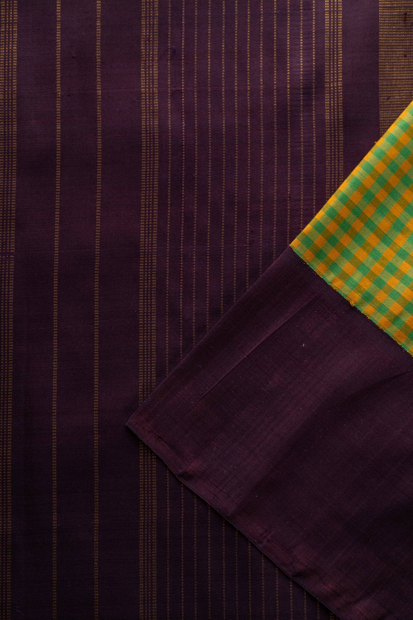 Green and Yellow All Over Small Checks with Purple Border and Pallu Kanjivaram Silk Saree