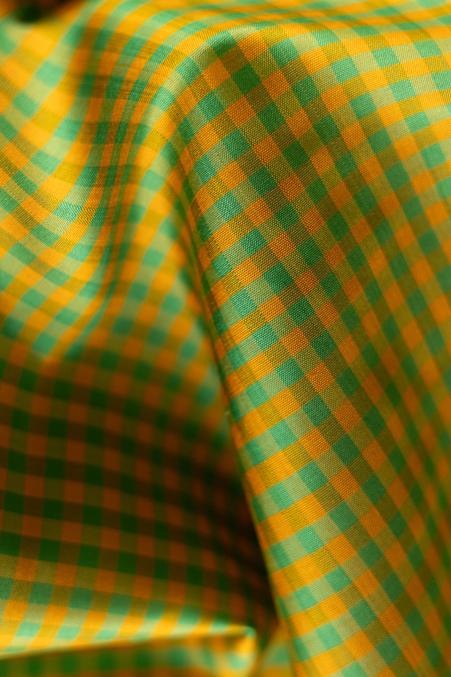 Green and Yellow All Over Small Checks with Purple Border and Pallu Kanjivaram Silk Saree
