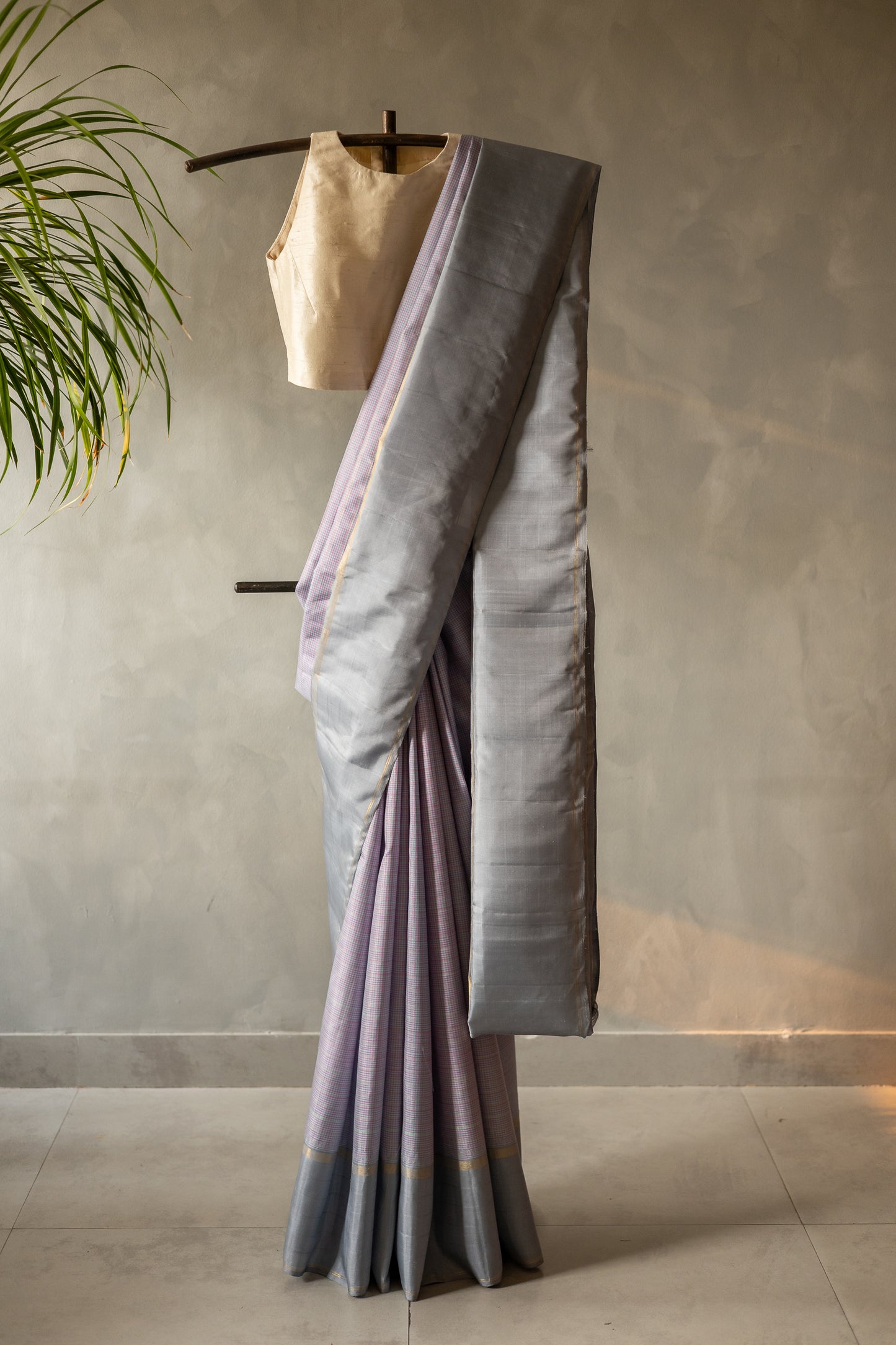 Pink And Cyan All Over Small Checks with Grey Border and Pallu Kanjivaram Silk Saree