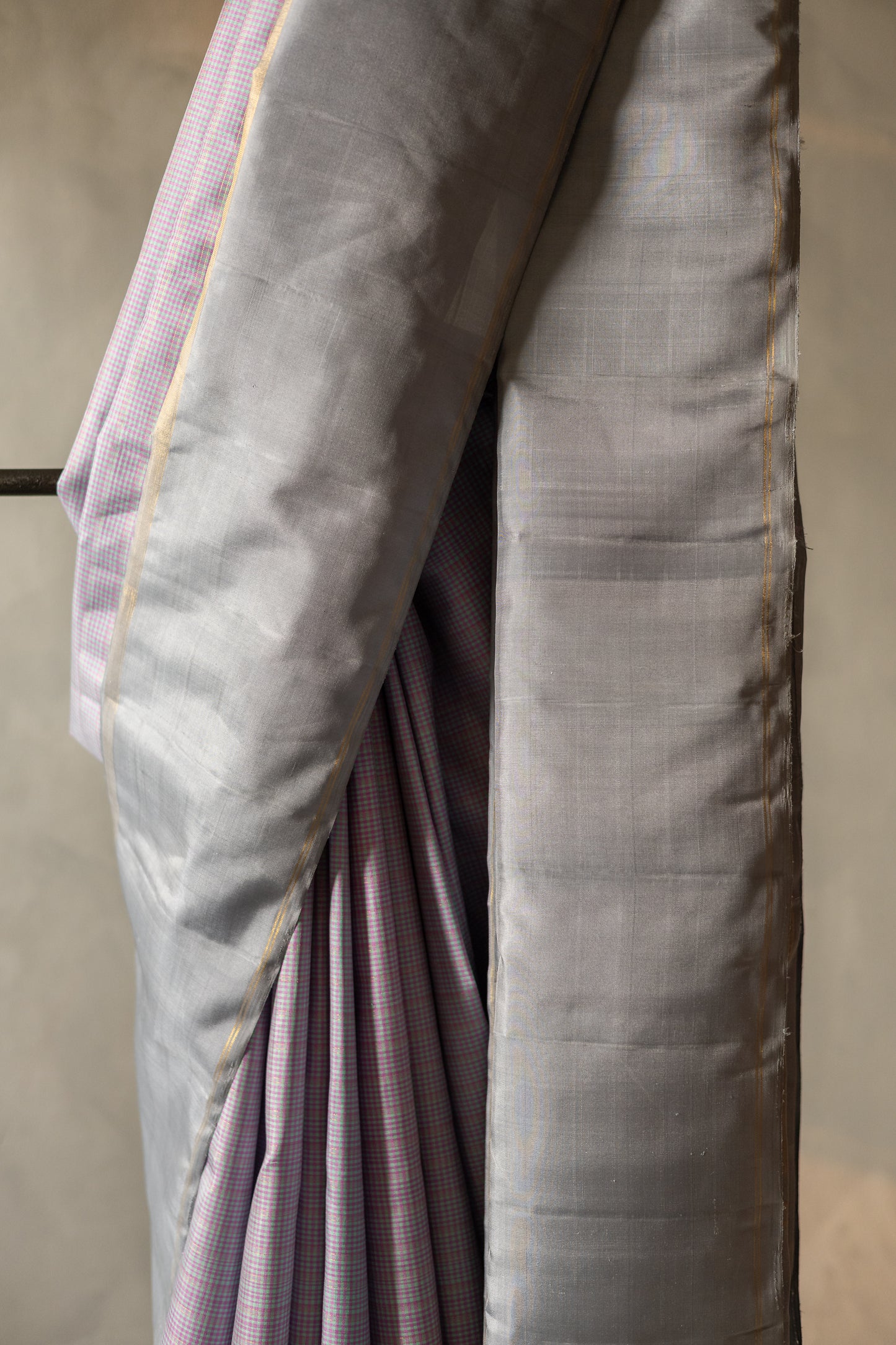 Pink And Cyan All Over Small Checks with Grey Border and Pallu Kanjivaram Silk Saree