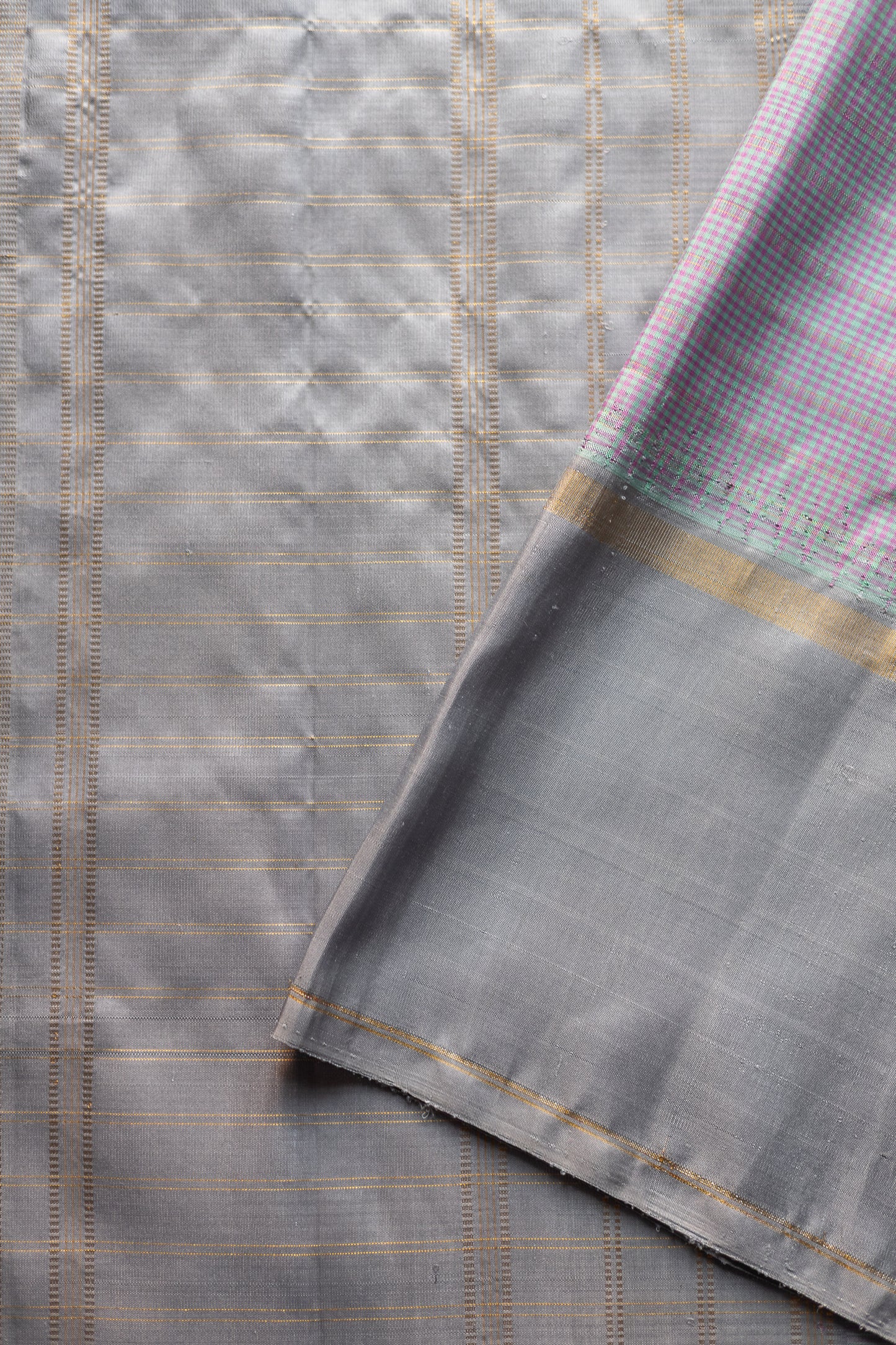 Pink And Cyan All Over Small Checks with Grey Border and Pallu Kanjivaram Silk Saree