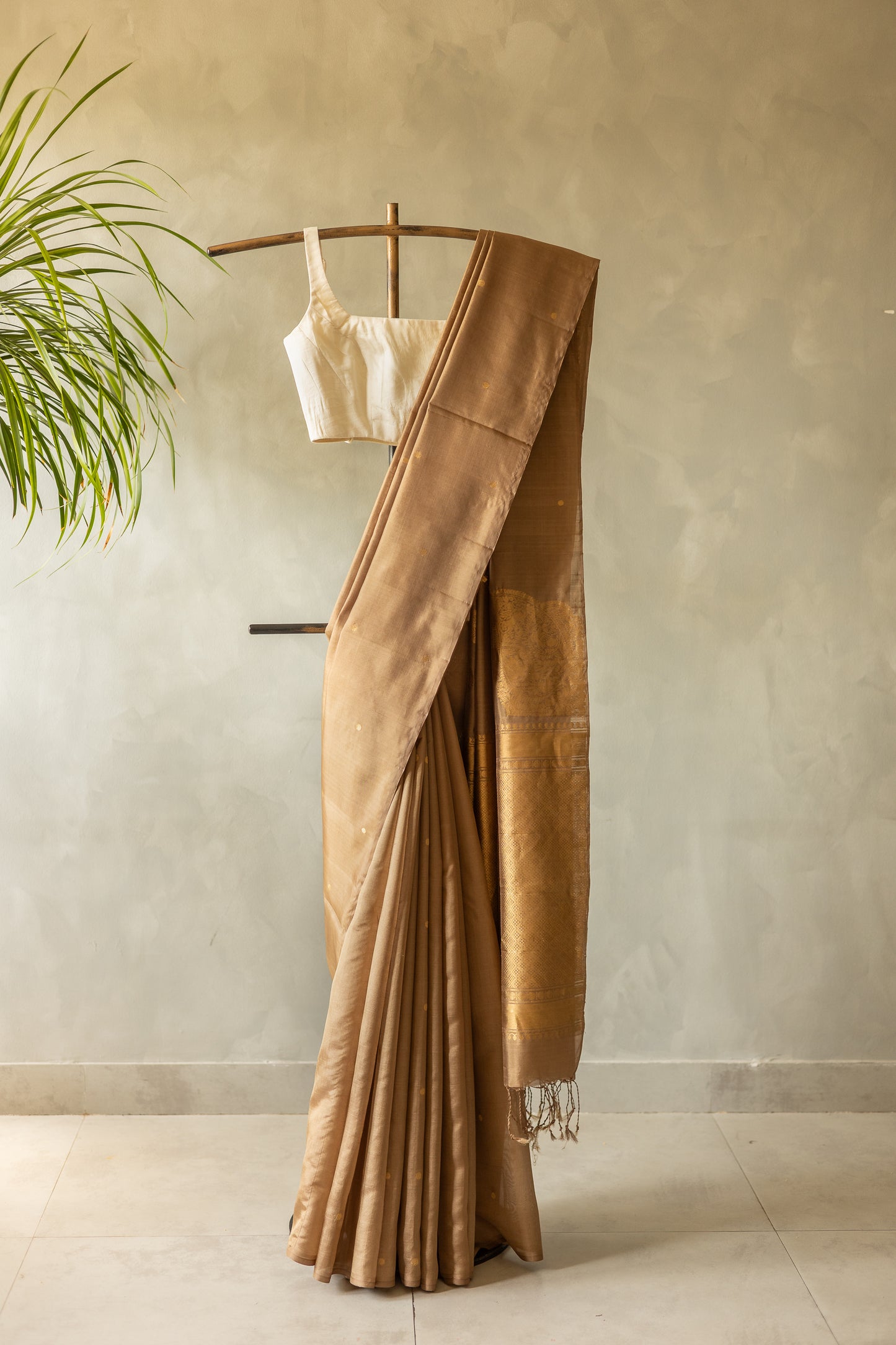 Light Brown Komarapalayam Silk with Rudraksham Motif Saree