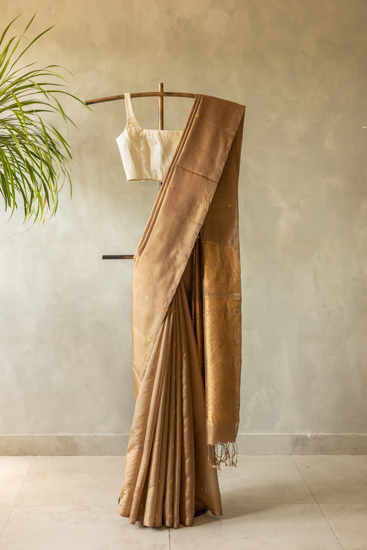 Light Brown Komarapalayam Silk with Rudraksham Motif Saree