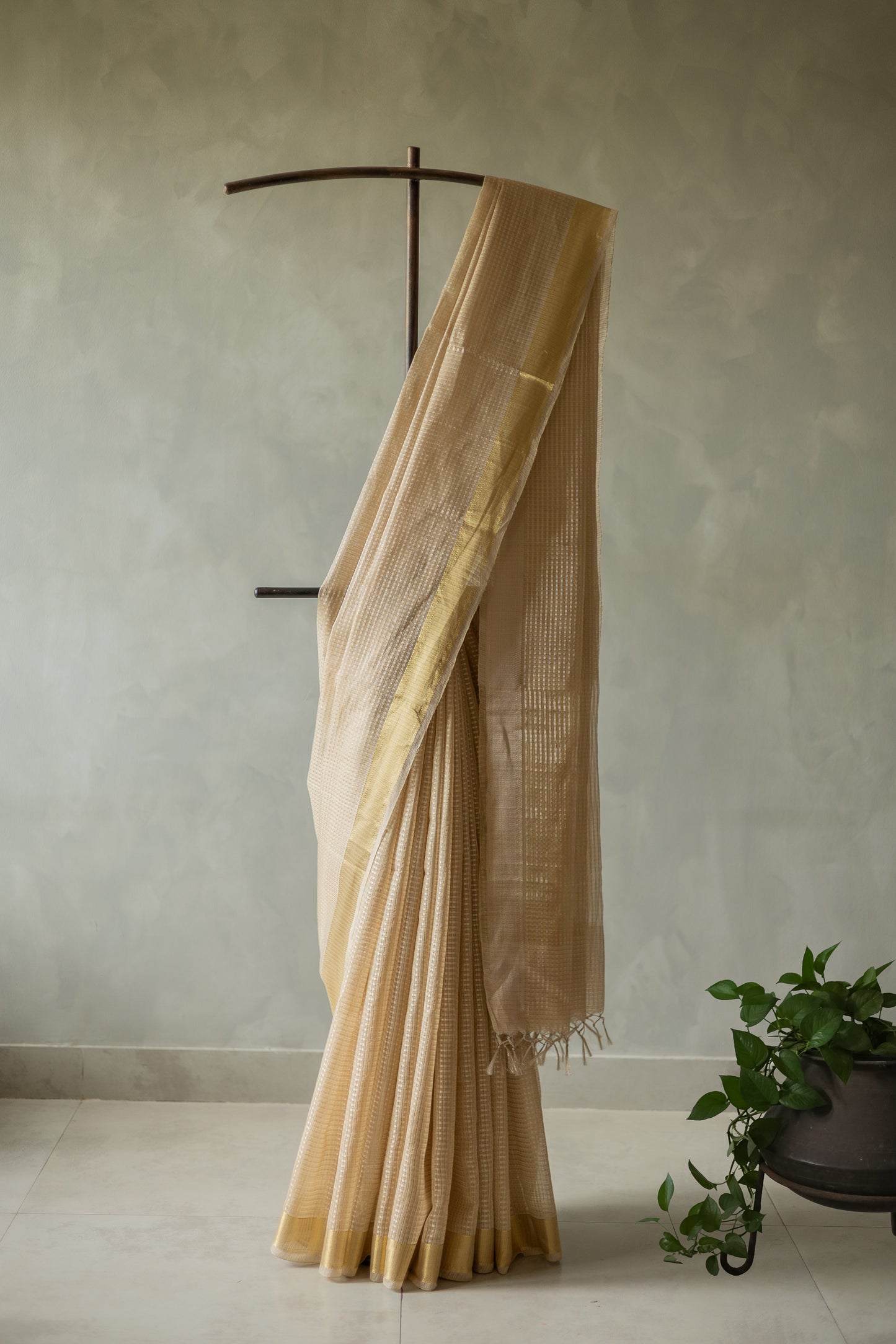 Gold Kota Silk Cotton All Over Small Checks Saree