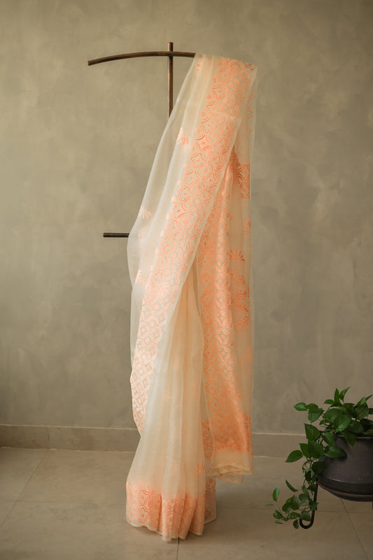 Off White Leno Silk Organza with Pink Thread Embroidery Saree