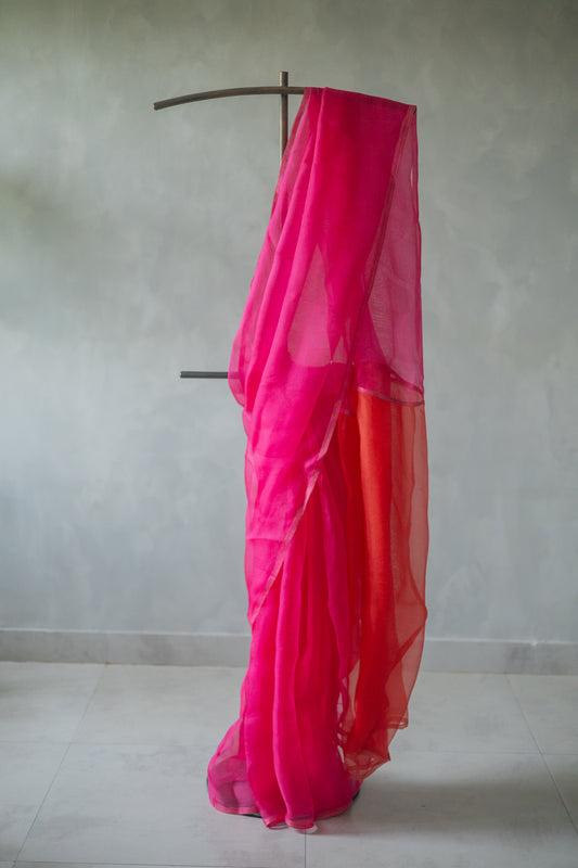 Hot Pink Leno Silk Organza with Red Pallu Saree