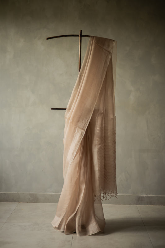 Beige Leno Silk Organza Saree