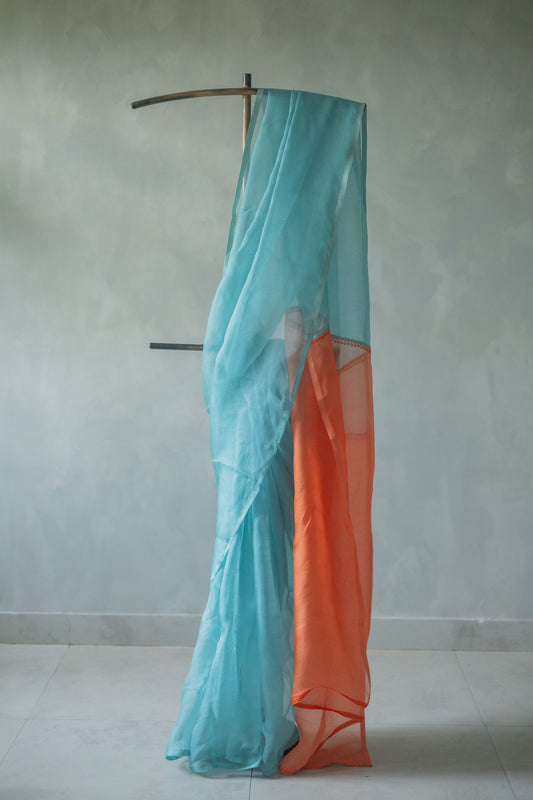 Blue Leno Silk Organza with Orange Pallu Saree
