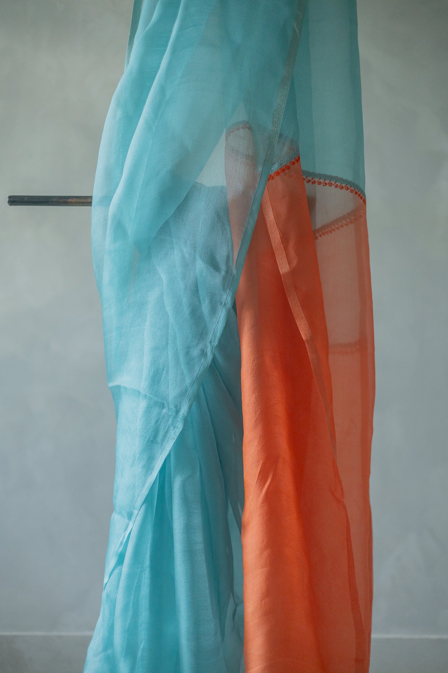 Blue Leno Silk Organza with Orange Pallu Saree
