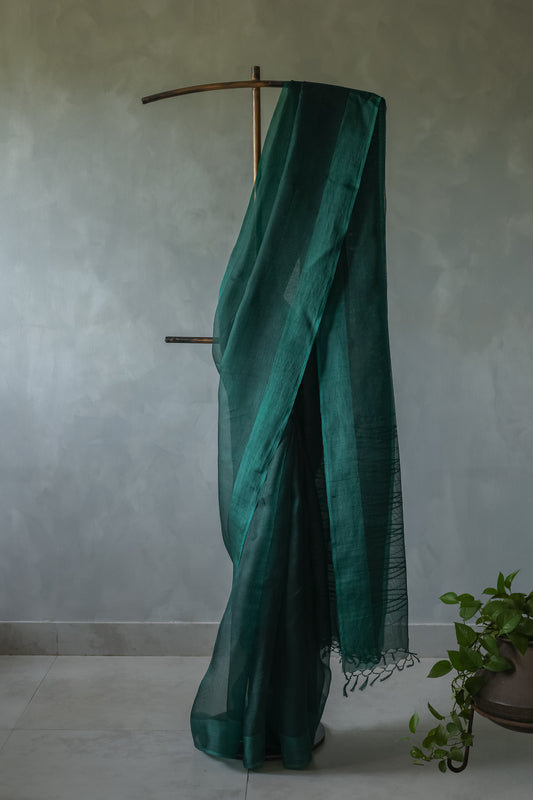 Bottle Green Leno Cotton Saree