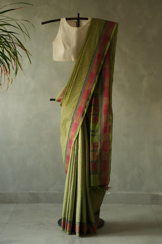 Light Green Kanchi Cotton With Deep Pink And Blue Border Saree