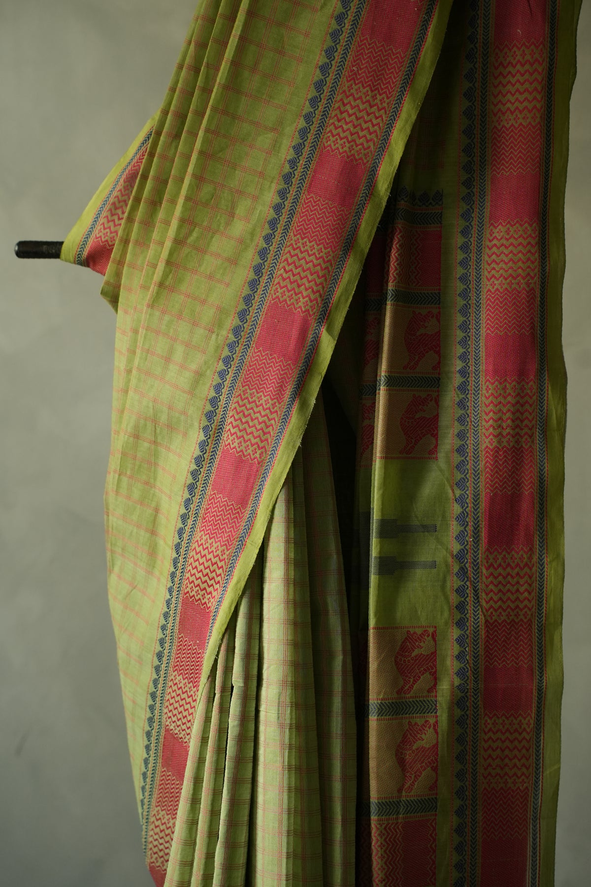 Light Green Kanchi Cotton With Deep Pink And Blue Border Saree
