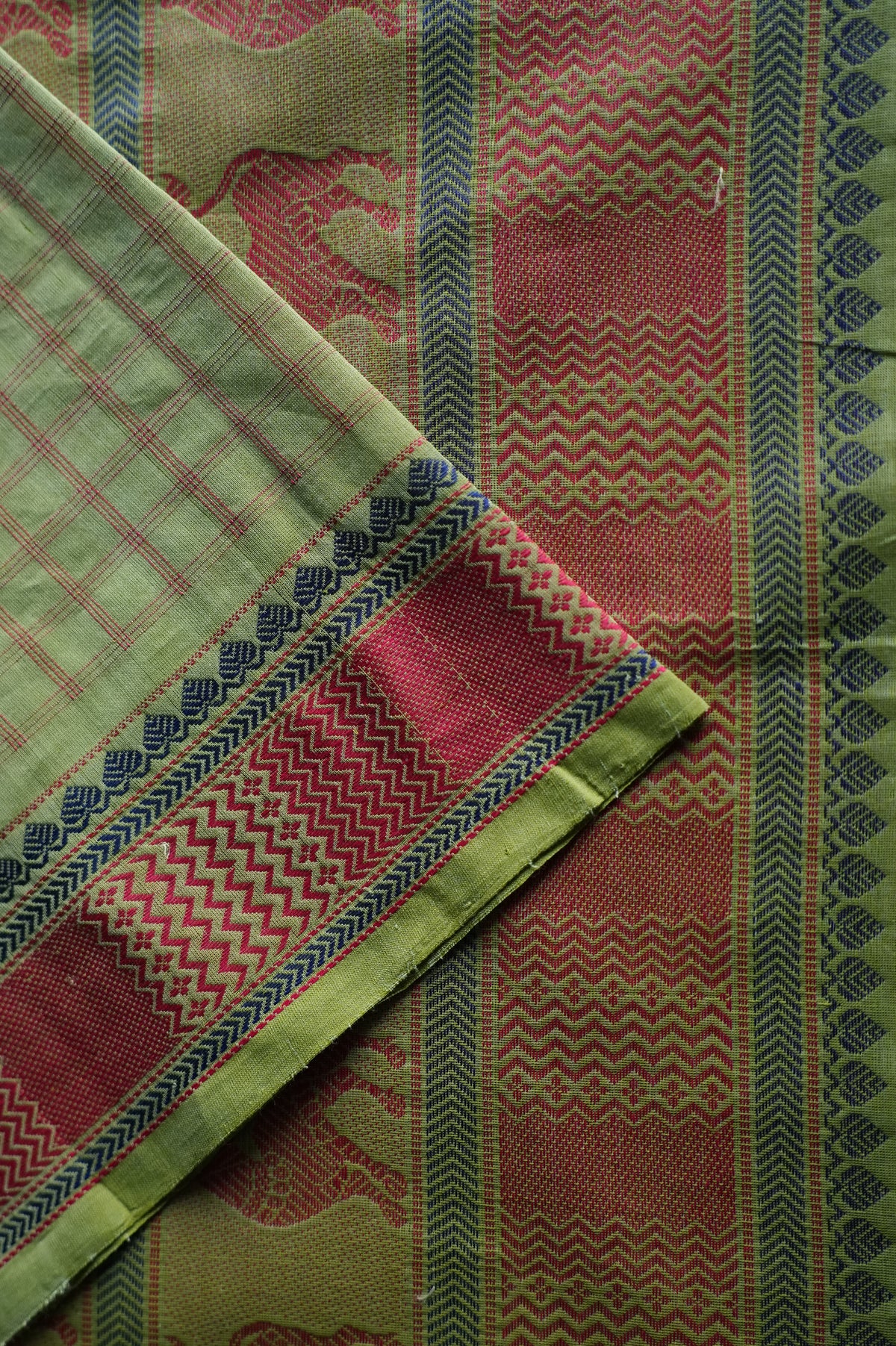 Light Green Kanchi Cotton With Deep Pink And Blue Border Saree